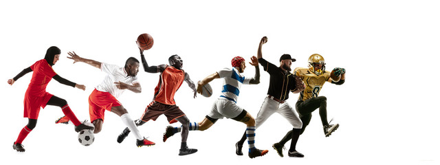 Young sportsmen running and jumping on white studio background. Concept of sport, movement, energy and dynamic, healthy lifestyle. Training, practicing in motion. Flyer. Football, basketball, rugby.