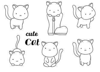 Coloring pages, black and white, set cute kawaii hand drawn cat doodles