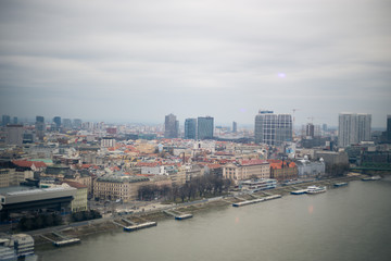 Obraz premium View of the Danube River and Bratislava from the panoramic cafe in Bridge of the Slovak National Uprising