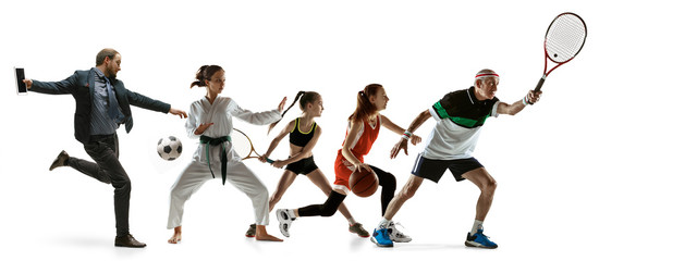 Young sportsmen running and jumping on white studio background. Concept of sport, movement, energy, dynamic, healthy lifestyle. Training, practicing in motion. Flyer. Tennis, basketball, martial arts.