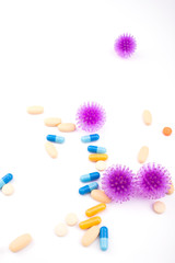 Medicines and CORONAVIRUS. Coronavirus vaccine. Novel coronavirus 2019-nCoV. COVID-19. Flat lay, copy space, top view. Place for design. 