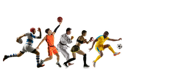 Fototapeta na wymiar Young sportsmen running and jumping on white studio background. Concept of sport, movement, energy and dynamic, healthy lifestyle. Training, practicing in motion. Flyer. Basketball, football, rugby.