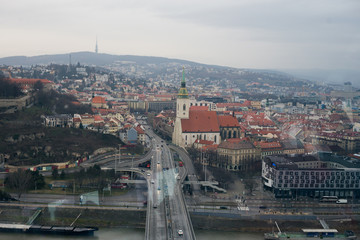View of the Danube River and Bratislava from the panoramic cafe in Bridge of the Slovak National Uprising