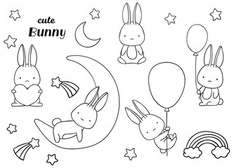 Coloring pages, black and white, set cute kawaii hand drawn bunny doodles
