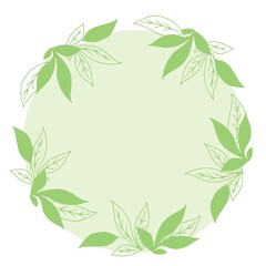 Round frame with leaves and green background inside.