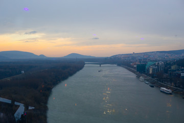 Naklejka premium View of the Danube River and Bratislava from the panoramic cafe in Bridge of the Slovak National Uprising
