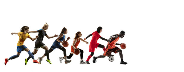Fototapeta na wymiar High. Young sportsmen running and jumping on white studio background. Concept of sport, movement, energy and dynamic, healthy lifestyle. Training, practicing in motion. Flyer. Football, basketball.