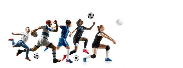 Young sportsmen running and jumping on white studio background. Concept of sport, movement, energy and dynamic, healthy lifestyle. Training, practicing in motion. Flyer. Volleyball, football, rugby.