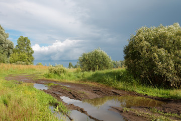 Obraz premium heavy country road with pits and puddles