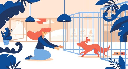 Concept scene with woman and her adopted dog running out of cage. Ginger hair, interior scene decorated with leaves. Flat happy characters
