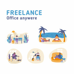 Remote job Flat vector illustration concept. People are working online with laptops from any place. Work online from vacation, office, home, sofa.