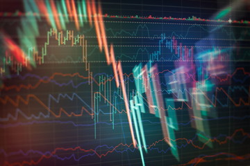 Technical price graph and indicator, red and green candlestick chart on blue theme screen, market...