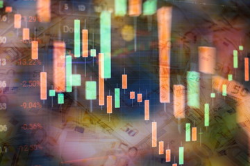 Technical price graph and indicator, red and green candlestick chart on blue theme screen, market...