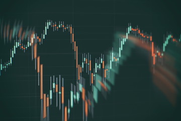 Technical price graph and indicator, red and green candlestick chart on blue theme screen, market...