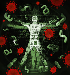  Vitruvian man of modern age, victim of  coronavirus pandemic.  Illustration of vitruvian man with a binary codes, digital numbers and coronavirus signs.