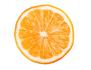 Macro photo of slice of orange fruit isolated on white background
