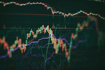 Technical price graph and indicator, red and green candlestick chart on blue theme screen, market...