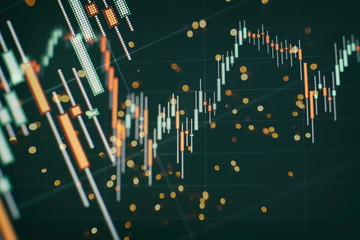 Technical price graph and indicator, red and green candlestick chart on blue theme screen, market...