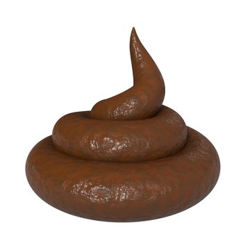 Shit isolated on white. Brown excrement. Turd swirl. Feces 3d render. Realistic poop toy