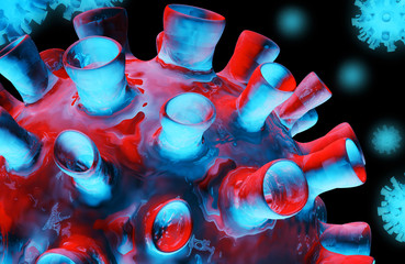 3d illustration of coronaviruses flying on black background close up