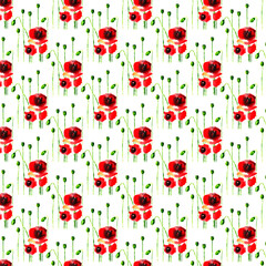 Abstract beautiful watercolor red poppies flowers background Pattern