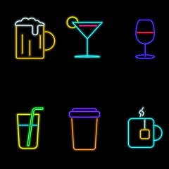 vector neon flat design icon set of different drinks symbol, like beer, wine, coffee and more illustration
