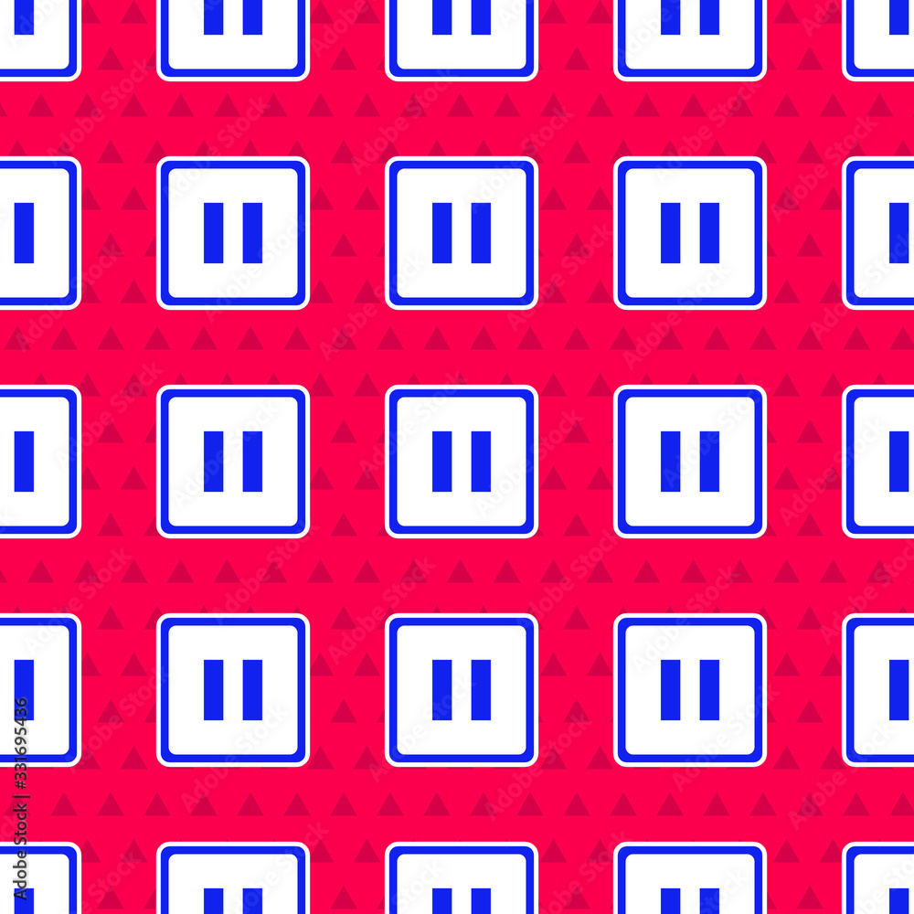 Aufkleber blue pause button icon isolated seamless pattern on red background. vector illustration