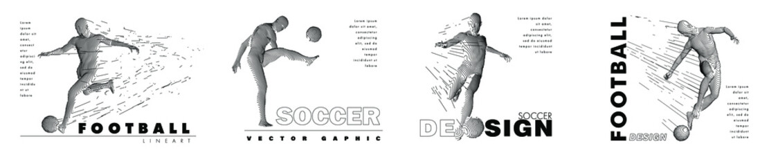 A set of football, soccer players drawing by lines with text. Creative sport concept. Art vector graphic for brochures, flyers, presentations, logo, print, web