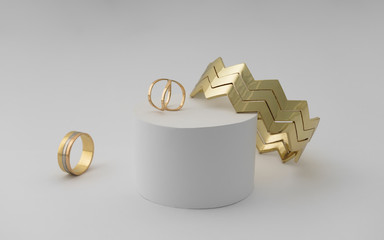 Zigzag shape modern bracelet and rings on white background