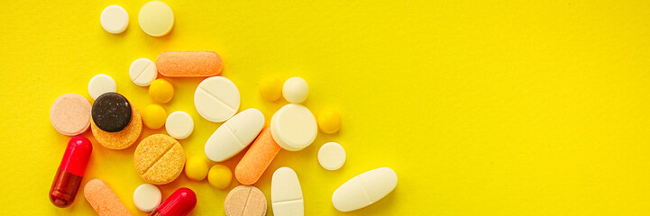 pills, different types of medicine for the disease, medical preparations. background top view. copy...