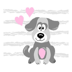 vector dog gray cute baby puppy pet with pink hearts striped background card  illustration for textile childish posters