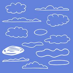 Set of clouds on a blue background. Outlines of clouds in cartoon style, hand-drawn. Vector sky set for design. Collection of meteorological icons.