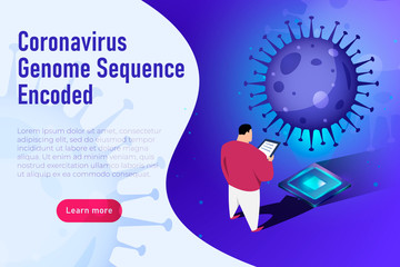 Coronavirus Genome Sequence Encoded. Science themed covid 19 illustration, scientist decrypts the SARS CoV 2 genome sequence