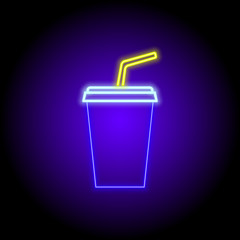 vector neon flat icon of glass with mineral water or soda with a straw