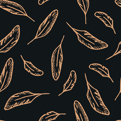 Seamless pattern with gray outline of bird feathers. Hand drawn vector illustration on a black background. Repeating feathers of different sizes in a different scatter.