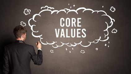 businessman drawing a cloud with CORE VALUES inscription inside, modern business concept