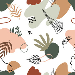 Abstract seamless pattern design with abstract blobs, hand drawn floral and fern leaves and branches. Tileable repeating background for branding,package, fabric and textile, wrapping paper design