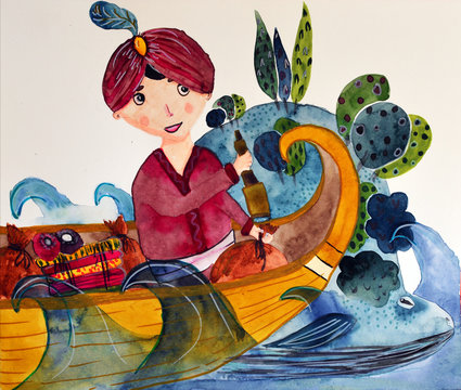 Watercolor Sinbad the sailor on the boat aproaching whale island