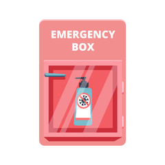 Emergency box with sanitized gel in red case of breakable glass. Shortage Coronavirus Phenomenon concept. COVID-19 protection. Vector illustration. Isolated on white background.