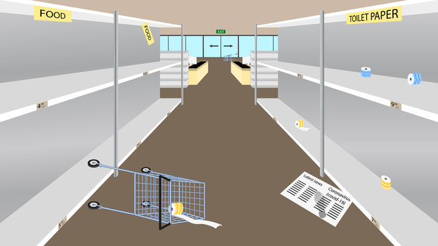 Empty Supermarket Shelves Due To The Panic Of Coronavirus. People Bought Up All The Toilet Paper And Food. There Are No Food Or Basic Necessities In The Store. Vector EPS 10. Horizontal.