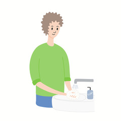 Coronavirus epidemic concept. Man washing hands with soap and water, isolated on white. Hand drawn vector illustration. Poster, flyer. Flat style design. Covid-19 protection, prevention information.