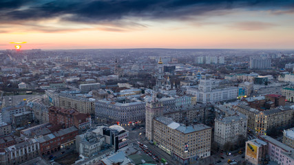 Ukraine, Kharkov, March 20, 2020, Evening Kharkov, aerial photography of evening Kharkov, 4k video from a drone.
