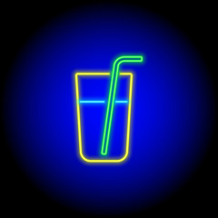vector neon flat icon of glass with mineral water or soda with a straw