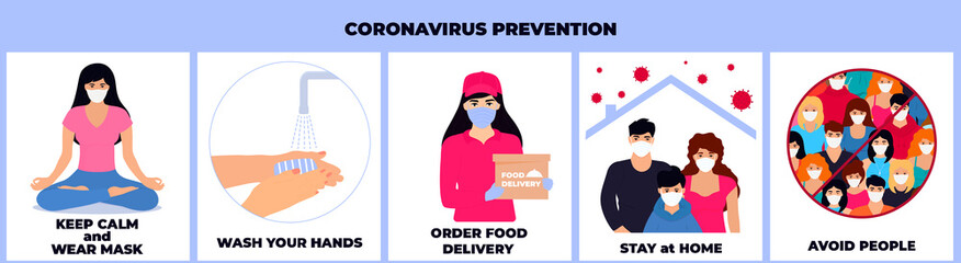 COVID-19. Coronavirus epidemic. Family quarantined. To stay home. A girl in a protective mask delivers food. To wash hands. Avoid people