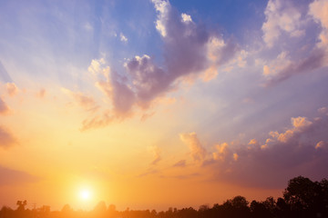 Bright orange sky and light of the sun.