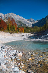 die urslau ein gebirgsbach in den alpen nationalpark salzburg pinzgau im bunten herbst, small alpine creekwith turquoise in austrian alps in indian summer	