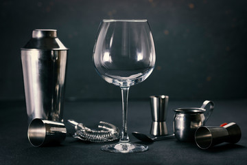 Bar concept. Tools bartenders and cocktail glass.