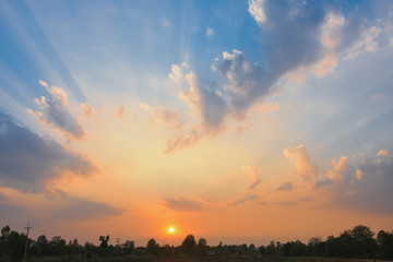 Bright orange sky and light of the sun.