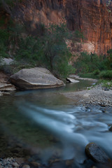 Water milky effect of a river flowing through Zion Park, with a canyon cliff in the background and some trees