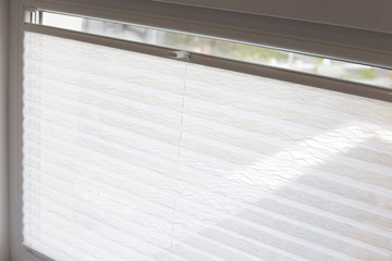 Pleated blinds Cosiflor close up on the window in the interior. Home blinds - cordless pleated...